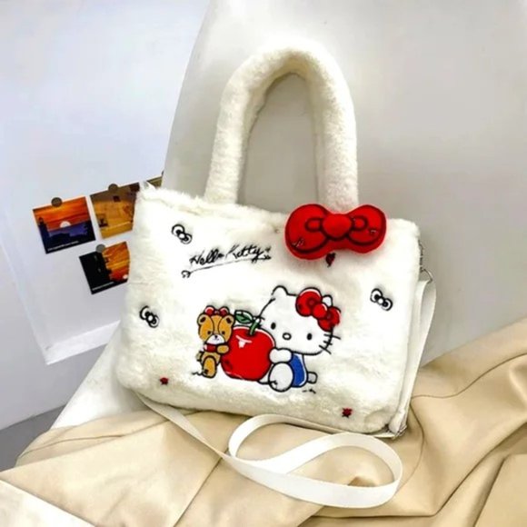 Purse Hello Kitty Embroidered Plush Sanrio Fur Fuzzy Crossbody Bag Kawaii Bow - Picture 3 of 5